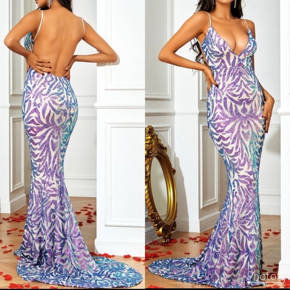 Luxurious Sequins Mermaid Low Backless Prom Evening Party Formal Gown Maxi Dress - Picture 4 of 9